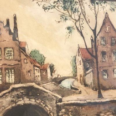 Signed Original European Watercolor Painting of Historic City on Water