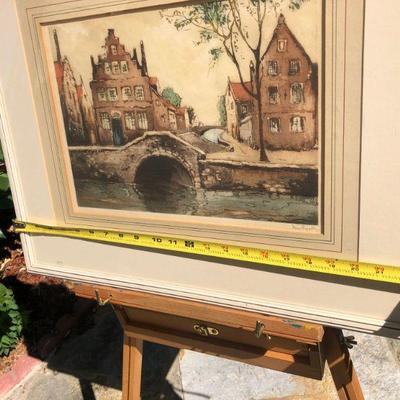 Signed Original European Watercolor Painting of Historic City on Water