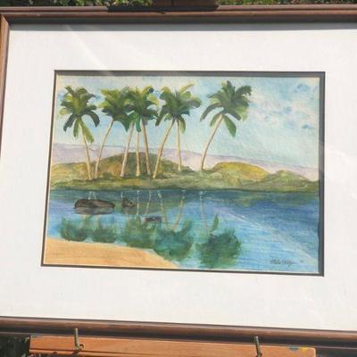 Original Signed Mike Kritzer Watercolor Painting of Palm Trees Reflected Over Water 