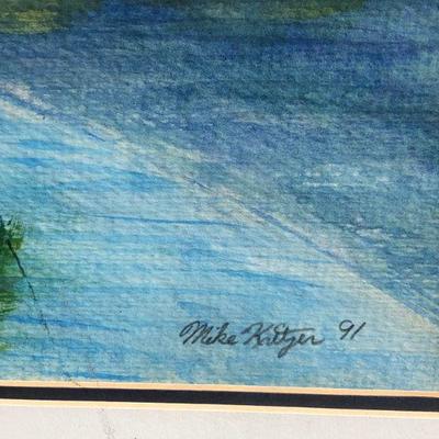 Original Signed Mike Kritzer Watercolor Painting of Palm Trees Reflected Over Water 