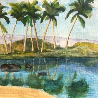 Original Signed Mike Kritzer Watercolor Painting of Palm Trees Reflected Over Water 