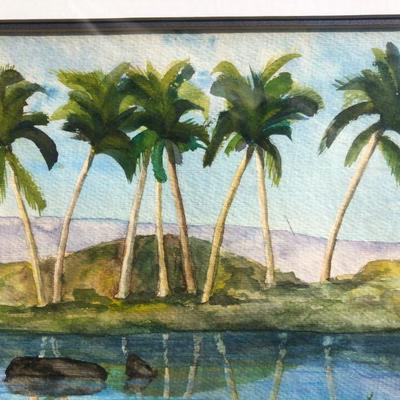 Original Signed Mike Kritzer Watercolor Painting of Palm Trees Reflected Over Water 