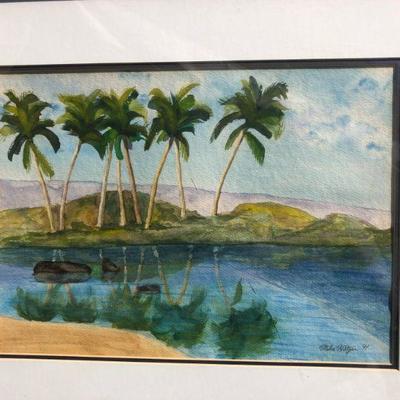 Original Signed Mike Kritzer Watercolor Painting of Palm Trees Reflected Over Water 