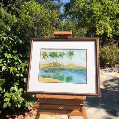 Original Signed Mike Kritzer Watercolor Painting of Palm Trees Reflected Over Water 