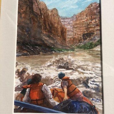 Signed Original Watercolor Painting White Water Rafting Grand Canyon