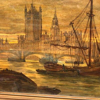 Antique Watercolor Painting of London England River Thames Boat and Tower