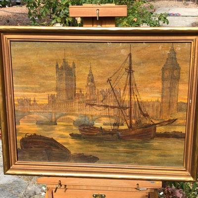 Antique Watercolor Painting of London England River Thames Boat and Tower