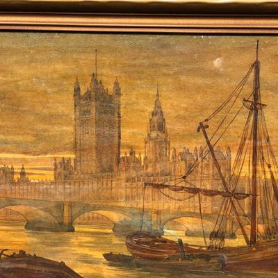 Antique Watercolor Painting of London England River Thames Boat and Tower