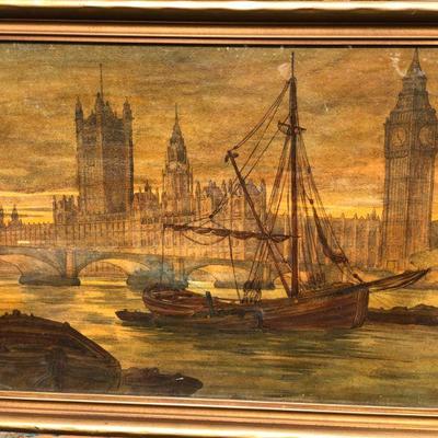 Antique Watercolor Painting of London England River Thames Boat and Tower