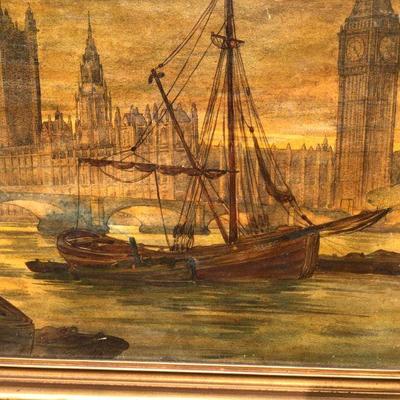 Antique Watercolor Painting of London England River Thames Boat and Tower