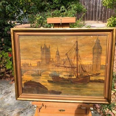 Antique Watercolor Painting of London England River Thames Boat and Tower