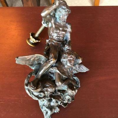 Antique Bronze Door Knocker Mythological Scene of Man with Hammer and Angel