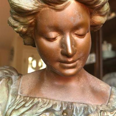 Beautiful Antique Bust of Woman in Bronze Mixed Metal on Marble Base