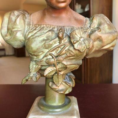 Beautiful Antique Bust of Woman in Bronze Mixed Metal on Marble Base