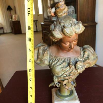 Beautiful Antique Bust of Woman in Bronze Mixed Metal on Marble Base