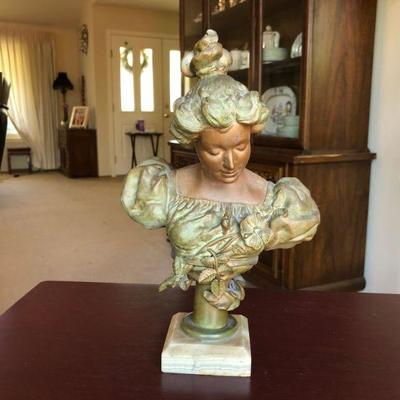 Beautiful Antique Bust of Woman in Bronze Mixed Metal on Marble Base