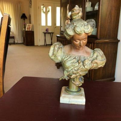 Beautiful Antique Bust of Woman in Bronze Mixed Metal on Marble Base