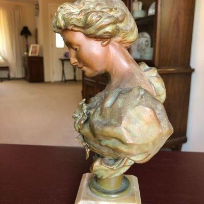 Beautiful Antique Bust of Woman in Bronze Mixed Metal on Marble Base