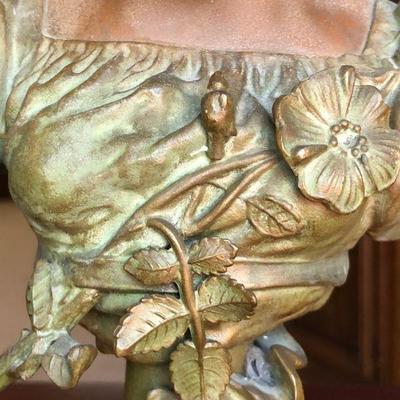 Beautiful Antique Bust of Woman in Bronze Mixed Metal on Marble Base