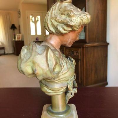 Beautiful Antique Bust of Woman in Bronze Mixed Metal on Marble Base