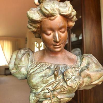 Beautiful Antique Bust of Woman in Bronze Mixed Metal on Marble Base