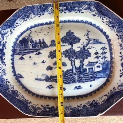 Large Antique Nanking Blue and White Porcelain Platter River Scene