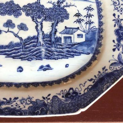 Large Antique Nanking Blue and White Porcelain Platter River Scene