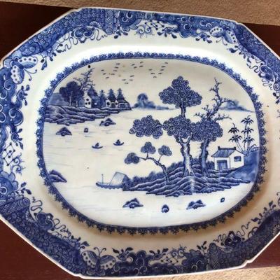 Large Antique Nanking Blue and White Porcelain Platter River Scene