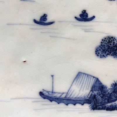 Large Antique Nanking Blue and White Porcelain Platter River Scene