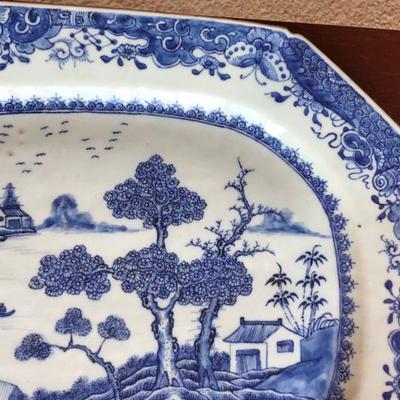 Large Antique Nanking Blue and White Porcelain Platter River Scene