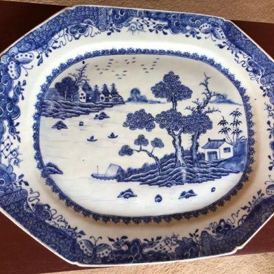 Large Antique Nanking Blue and White Porcelain Platter River Scene