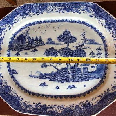 Large Antique Nanking Blue and White Porcelain Platter River Scene