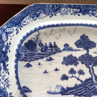 Large Antique Nanking Blue and White Porcelain Platter River Scene