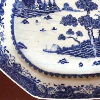Large Antique Nanking Blue and White Porcelain Platter River Scene