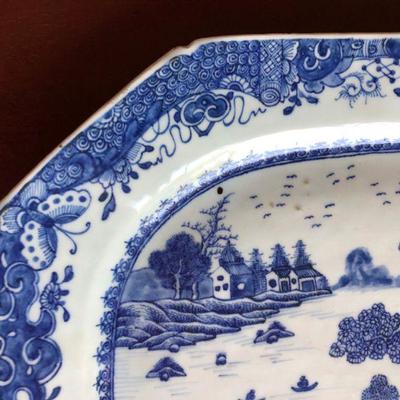 Large Antique Nanking Blue and White Porcelain Platter River Scene