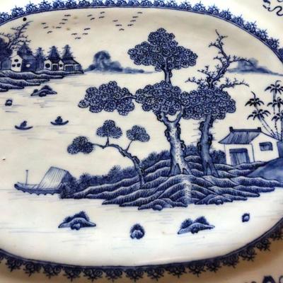 Large Antique Nanking Blue and White Porcelain Platter River Scene
