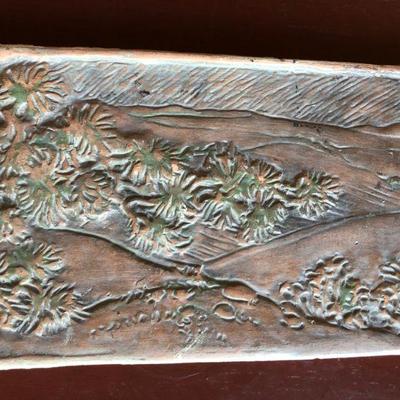 Rare Antique Batchelder Los Angeles Ceramic Decorated Tile of Nature Scene of Hills and Trees