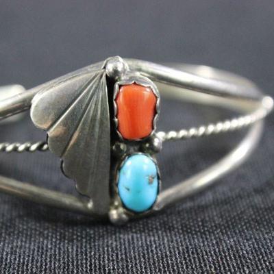 LOT#133: Sterling Turquoise & Coral Bracelet (Unmarked)