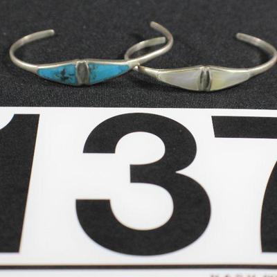 LOT#137: Pair of Sterling Bracelets with Turquoise & Mother of Pearl