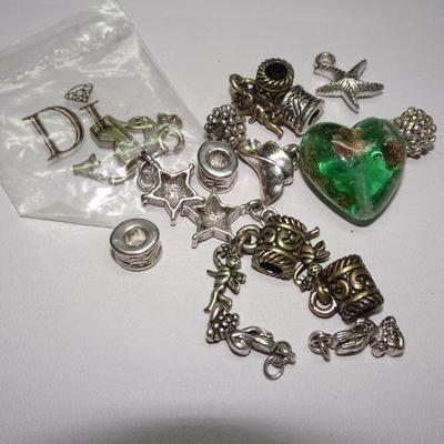 Silver Tone Beads, Charms, Glass Heart Bead Lot 