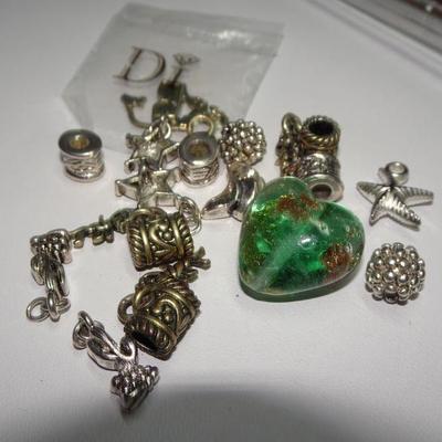 Silver Tone Beads, Charms, Glass Heart Bead Lot 