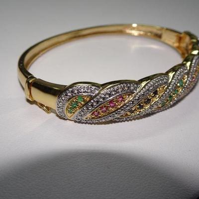 925 Silver Locking Clasp Bracelet, Simulated Emeralds, Sapphire, Garnets 