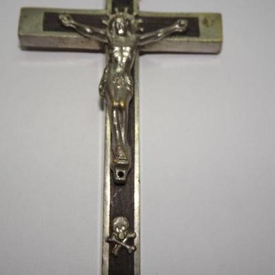 Silver Tone Antique Crucifix  Skull & Crossbones Pendant cross crucifix pectoral cross Jesus Christ corpus, Over-sized, Ebony Inlay 