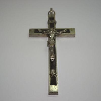 Silver Tone Antique Crucifix  Skull & Crossbones Pendant cross crucifix pectoral cross Jesus Christ corpus, Over-sized, Ebony Inlay 
