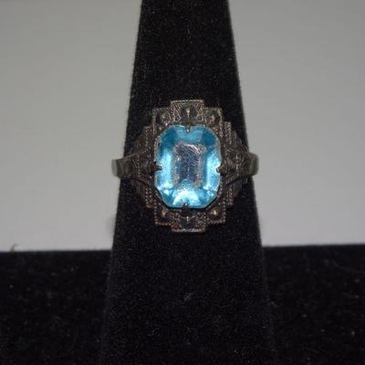 Silver tone Victorian Style simulated Blue Topaz adjustable Ring 