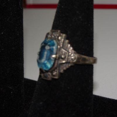 Silver tone Victorian Style simulated Blue Topaz adjustable Ring 