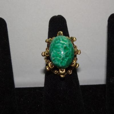 Emerald Green Gold Tone Adjustable Ring 