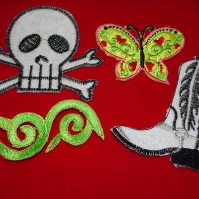 Vintage Patches, Skull & Cross Bones, Green Swirl, Butterfly and Cowboy Boot