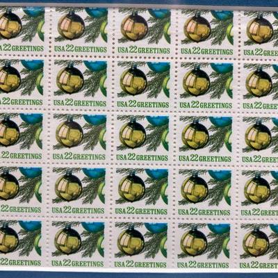 2 Framed USA 22 cent greetings gold ornament stamp 25 piece sheet