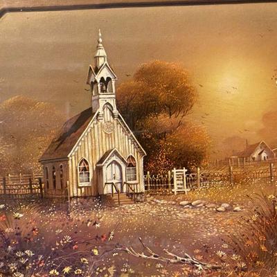VINTAGE HOMCO WOOD FRAMED UNDER GLASS OCTAGONAL PRINT "COUNTRY CHURCH"